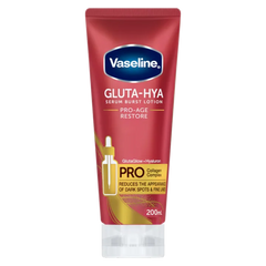 Vaseline Gluta-Hya lotion tube on a white background
Vaseline Gluta Hya Pro-Age Restore Serum Burst Lotion is a lightweight body lotion designed to provide deep hydration while helping skin feel smooth, soft, and healthy-looking. Its innovative serum-burst formula transforms into a fresh, fast-absorbing lotion on contact with the skin, delivering moisture without any greasy residue.
Formulated with GlutaGlow™ and Hyaluron, this lotion helps improve skin texture and maintain long-lasting hydration. With reg