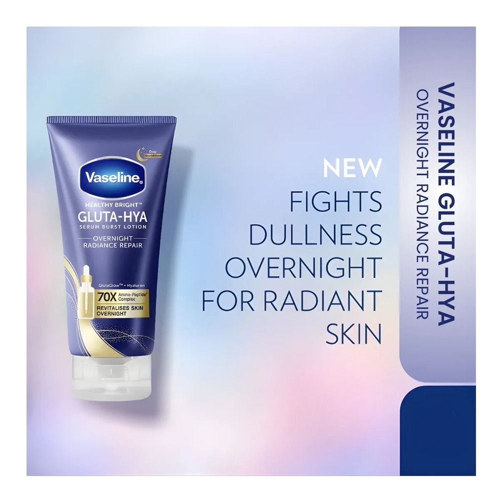 Vaseline Gluta-Hya skincare product with promotional text on a gradient background
Vaseline Gluta Hya Overnight Radiance Repair Night Lotion – Original Imported (200ml)
or
Vaseline Gluta Hya Night Repair Serum Burst Lotion 200ml – Original & Imported