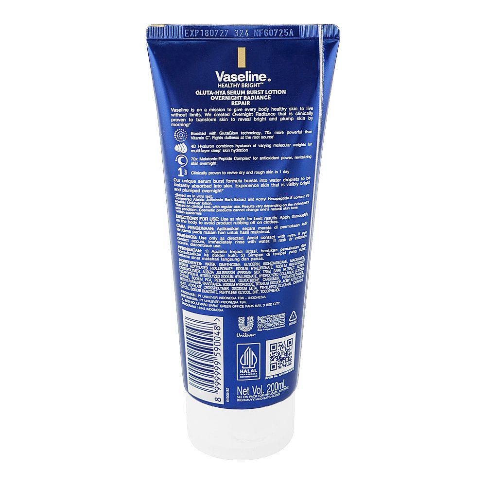Vaseline lotion tube with blue label on a white background
Vaseline Healthy Bright Gluta Hya Overnight Repair Lotion 200ml
Vaseline Gluta Hya Night Repair Serum Burst Lotion
Vaseline Gluta Hya Overnight Radiance Body Lotion 200ml
Vaseline Gluta Hya Night Care Serum Burst Lotion
Vaseline Gluta Hya Overnight Repair Lotion Original & Imported