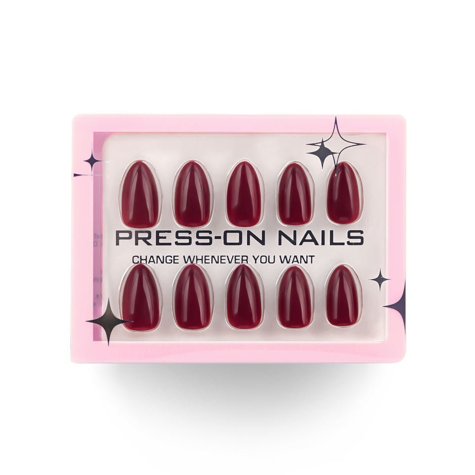 Artificial Nails | Glossy Wine Red Almond Press-On Nails (12 Pcs) - Aarvana