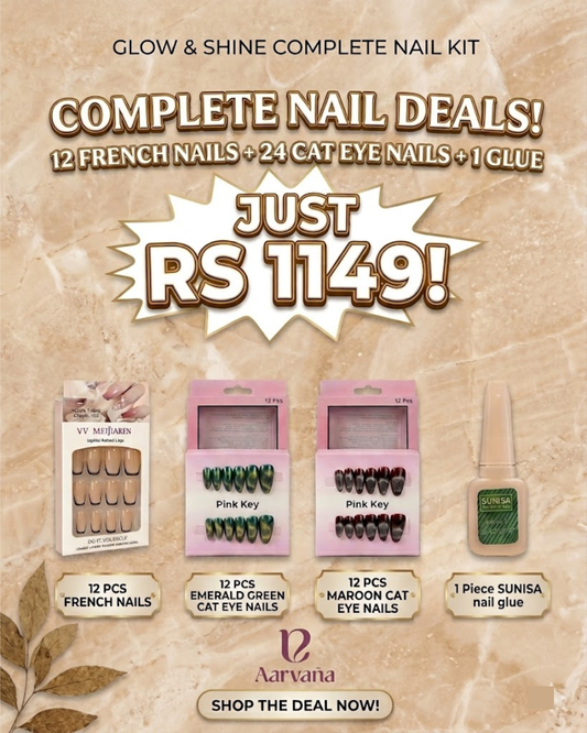 Complete Nail Deal – French Nails, Cat Eye Nails & Nail Glue (36 Nail Pcs)