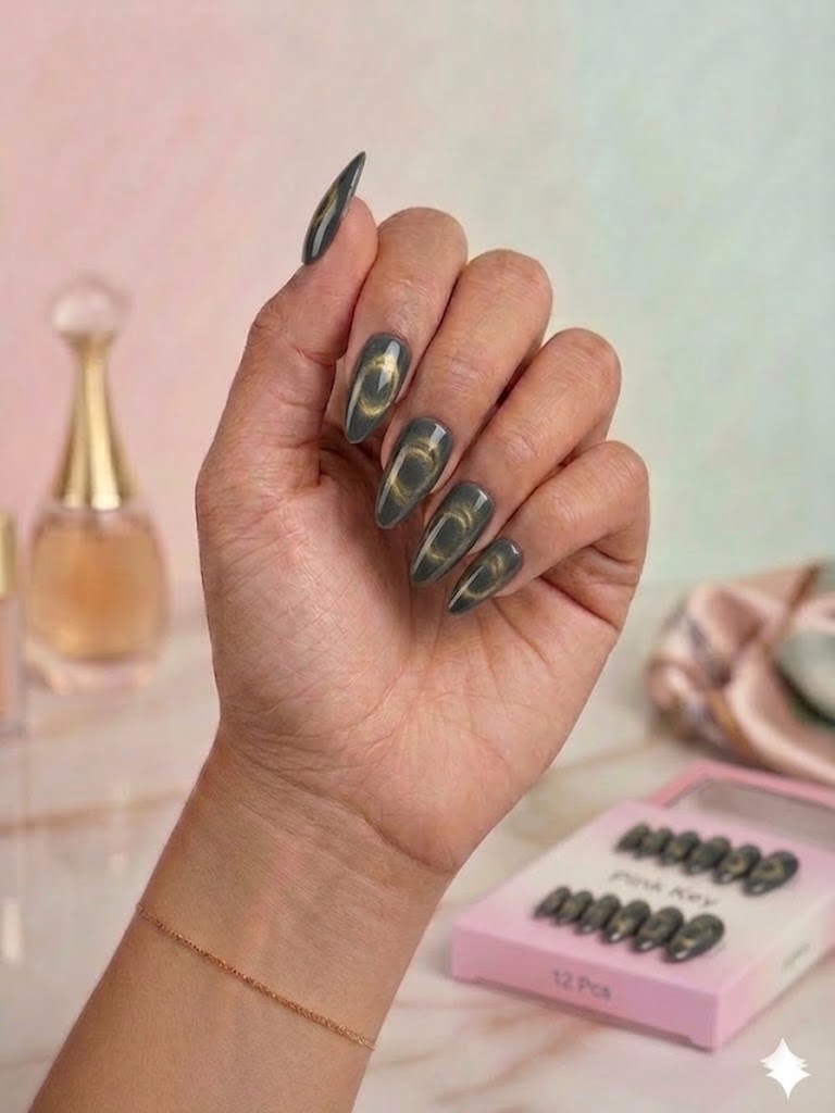 Grey Cat-Eye Press-On Nails (24 Pcs) with Glue Stickers