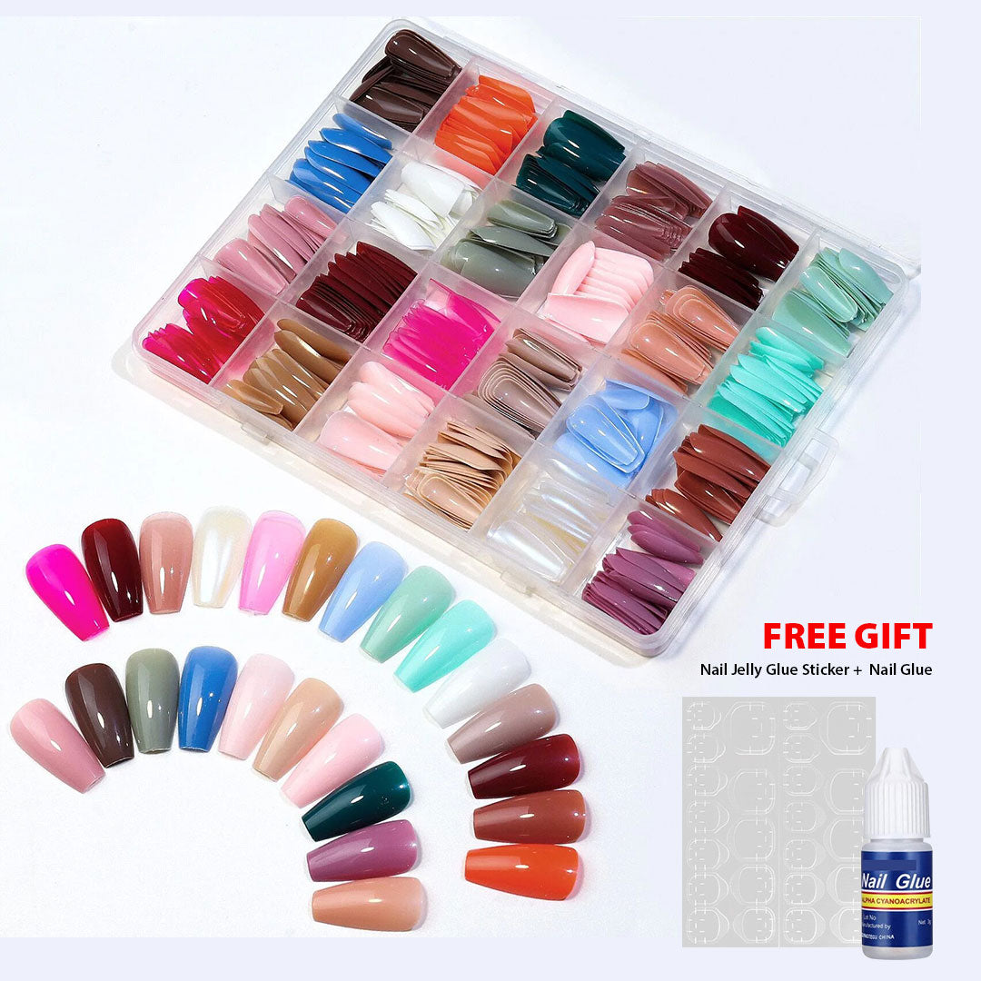 576 Pcs False Nails Tips Short Coffin & Almond French (With Free Nail Glue & Jelly Stickers)