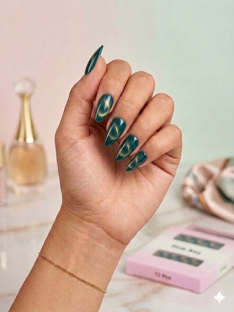 Emerald Green Cat-Eye Press-On Nails (24 Pcs) with Glue Stickers