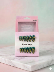 Emerald Green Cat-Eye Press-On Nails (24 Pcs) with Glue Stickers