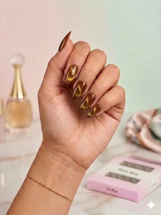 Caramel Gold Cat-Eye Press-On Nails (24Pcs) with Glue Stickers