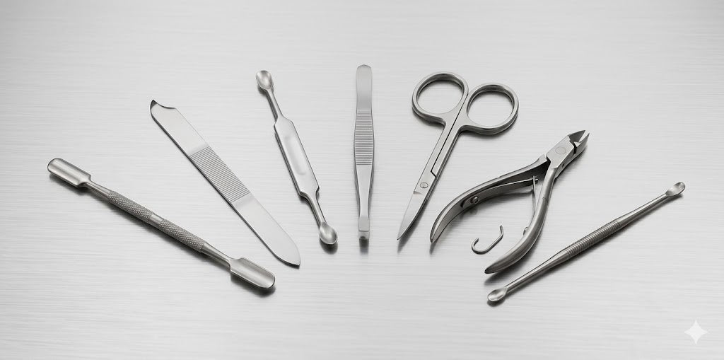 Set of dental tools on a light gray background
Manicure kit, nail grooming set, professional manicure tools, pedicure kit, stainless steel nail tools.

 Cuticle nippers, nail file, tweezers, manicure scissors, cuticle pusher.

Professional nail care, home manicure, travel grooming kit, portable nail set, precision grooming.

Durable stainless steel, premium grooming tools, travel-friendly case, salon-quality, matte black finish.