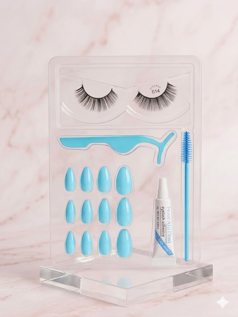 5-in-1 Beauty Kit – (12Pcs) Blue Press-On Nails, 1 Pair Lashes, Glue, Applicator & Brush