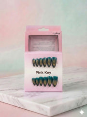 Teal Gold Cat-Eye Press-On Nails (24 Pcs) with Glue Stickers