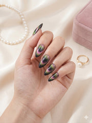 Cat Eye Press-On Nails – Black Glossy Fake Nails 12 pcs With 24 Nails Sticker