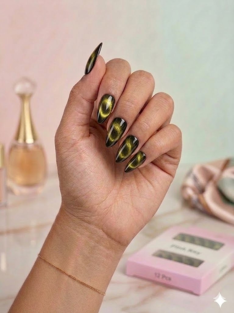 Black Gold Cat-Eye Press-On Nails (24 Pcs) With Glue Sticker