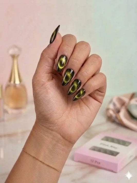 Black Gold Cat-Eye Press-On Nails (24 Pcs) With Glue Sticker