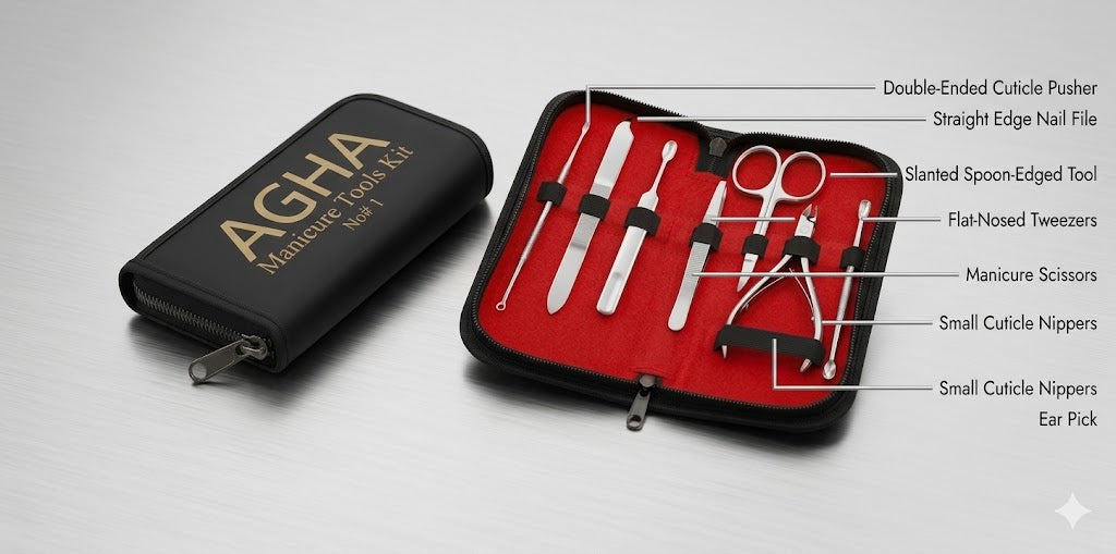Manicure kit, nail grooming set, professional manicure tools, pedicure kit, stainless steel nail tools.

 Cuticle nippers, nail file, tweezers, manicure scissors, cuticle pusher.

Professional nail care, home manicure, travel grooming kit, portable nail set, precision grooming.

Durable stainless steel, premium grooming tools, travel-friendly case, salon-quality, matte black finish.