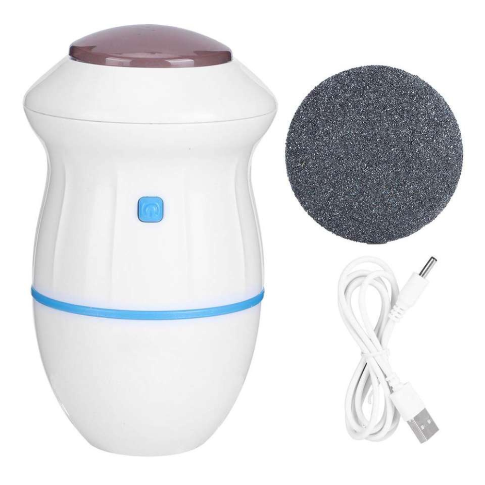 White electronic device with a purple top, gray sandpaper disc, white cable, and USB adapter on a white background.