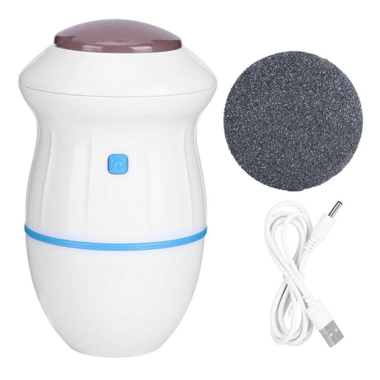 White electronic device with a purple top, gray sandpaper disc, white cable, and USB adapter on a white background.