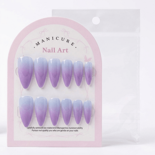 Purple Ombre Press-On Nails - 12 Pcs Almond Style + Free 12 Glue Stickers