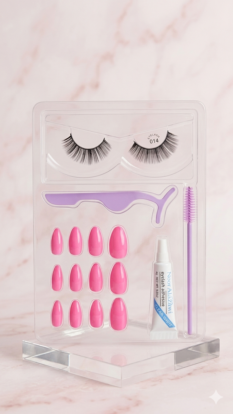 5-in-1 Beauty Kit – (12Pcs) Pink Press-On Nails, 1 Pair Lashes, Glue, Applicator & Brush