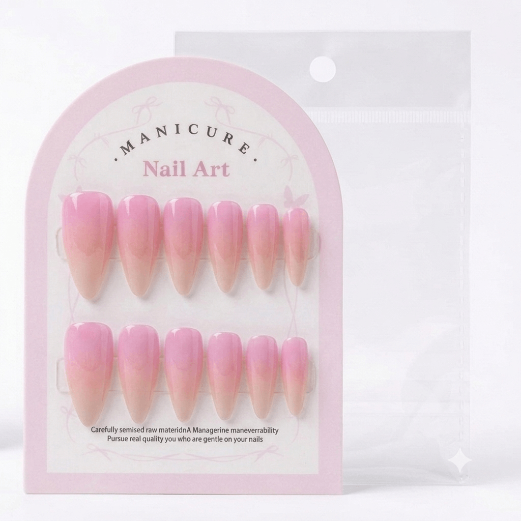 Baby Pink Ombre Press-On Nails - 12 Pcs Almond Style + Free 12 Glue Stickers