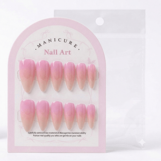 Baby Pink Ombre Press-On Nails - 12 Pcs Almond Style + Free 12 Glue Stickers