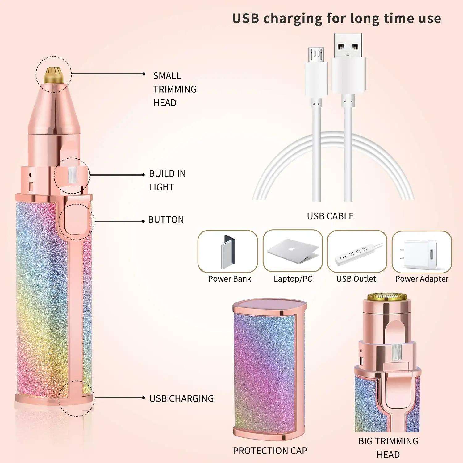 Ladies Electric Facial Hair Remover Eyebrow & Upper Lip Trimmer With 2 Heads