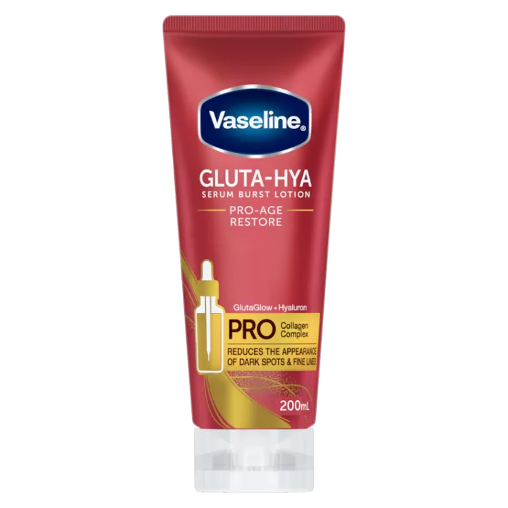 Vaseline Gluta-Hya lotion tube on a white background
Vaseline Gluta Hya Pro-Age Restore Serum Burst Lotion is a lightweight body lotion designed to provide deep hydration while helping skin feel smooth, soft, and healthy-looking. Its innovative serum-burst formula transforms into a fresh, fast-absorbing lotion on contact with the skin, delivering moisture without any greasy residue.

Formulated with GlutaGlow™ and Hyaluron, this lotion helps improve skin texture and maintain long-lasting hydration. With reg