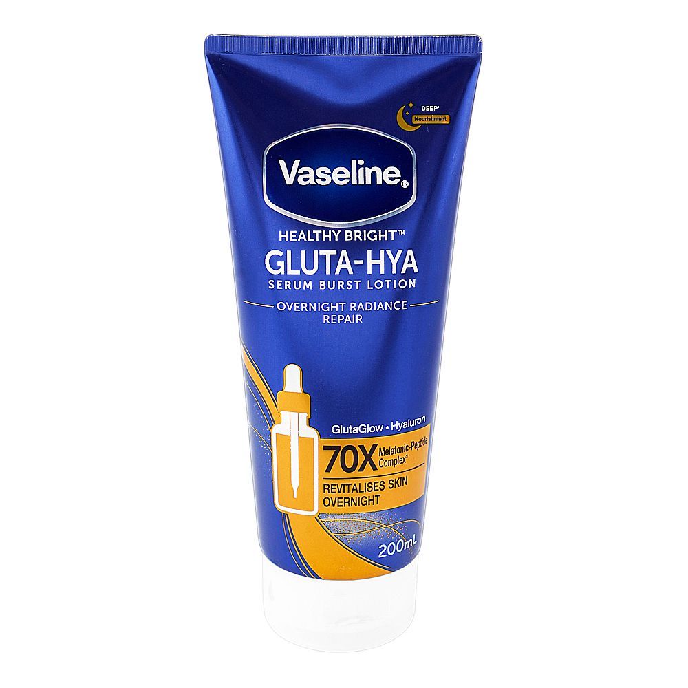Vaseline Healthy Bright Gluta-Hya serum burst lotion on a white background
Vaseline Gluta Hya Overnight, Vaseline Night Repair Lotion, Vaseline Serum Burst Lotion 200ml, Vaseline Gluta Hya Original, Imported Vaseline Lotion Pakistan