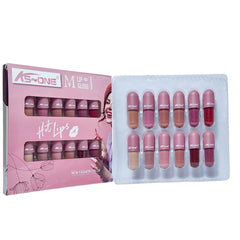 AS-ONE lip gloss set with pink packaging and multiple lip gloss shades on a white background
