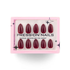 Artificial Nails | Glossy Wine Red Almond Press-On Nails (12 Pcs) - Aarvana