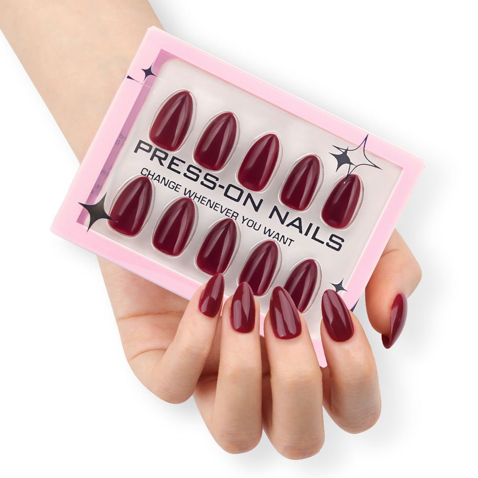 Artificial Nails | Glossy Wine Red Almond Press-On Nails (12 Pcs) - Aarvana