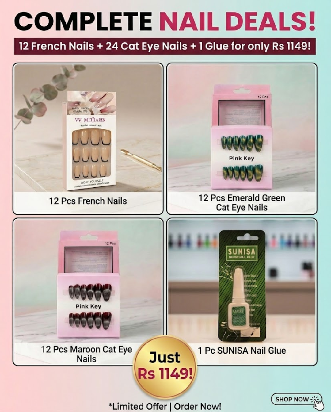 Complete Nail Deal – French Nails, Cat Eye Nails & Nail Glue (36 Nail Pcs)