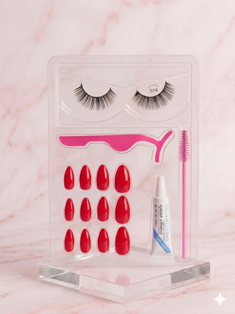 5-in-1 Beauty Kit – (12Pcs) Red Press-On Nails, 1 Pair Lashes, Glue, Applicator & Brush