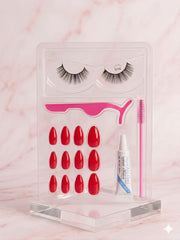5-in-1 Beauty Kit – (12Pcs) Red Press-On Nails, 1 Pair Lashes, Glue, Applicator & Brush