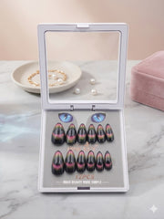 Cat Eye Press-On Nails – Black Glossy Fake Nails 12 pcs With 24 Nails Sticker
