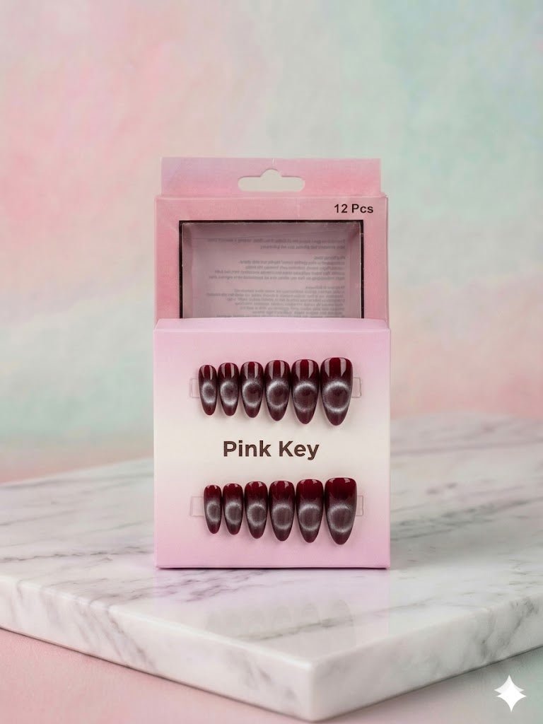 Burgundy Cat-Eye Press-On Nails (24 Pcs) with Glue Stickers - Aarvana