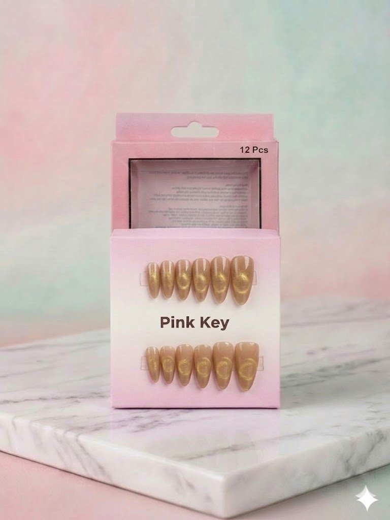 Champagne Gold Cat-Eye Press-On Nails (24Pcs) with Glue Stickers - Aarvana