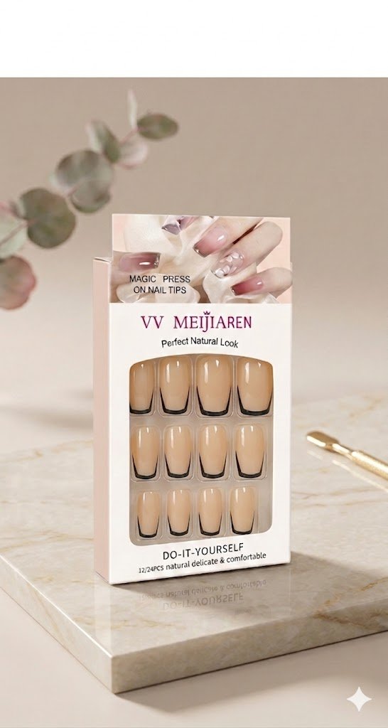 Dark Pink French Nails with Black Tips – 12 Pcs Press-On Nails with 12 Glue Stickers - Aarvana