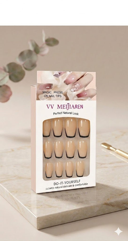 Dark Pink French Nails with Black Tips – 12 Pcs Press-On Nails with 12 Glue Stickers - Aarvana