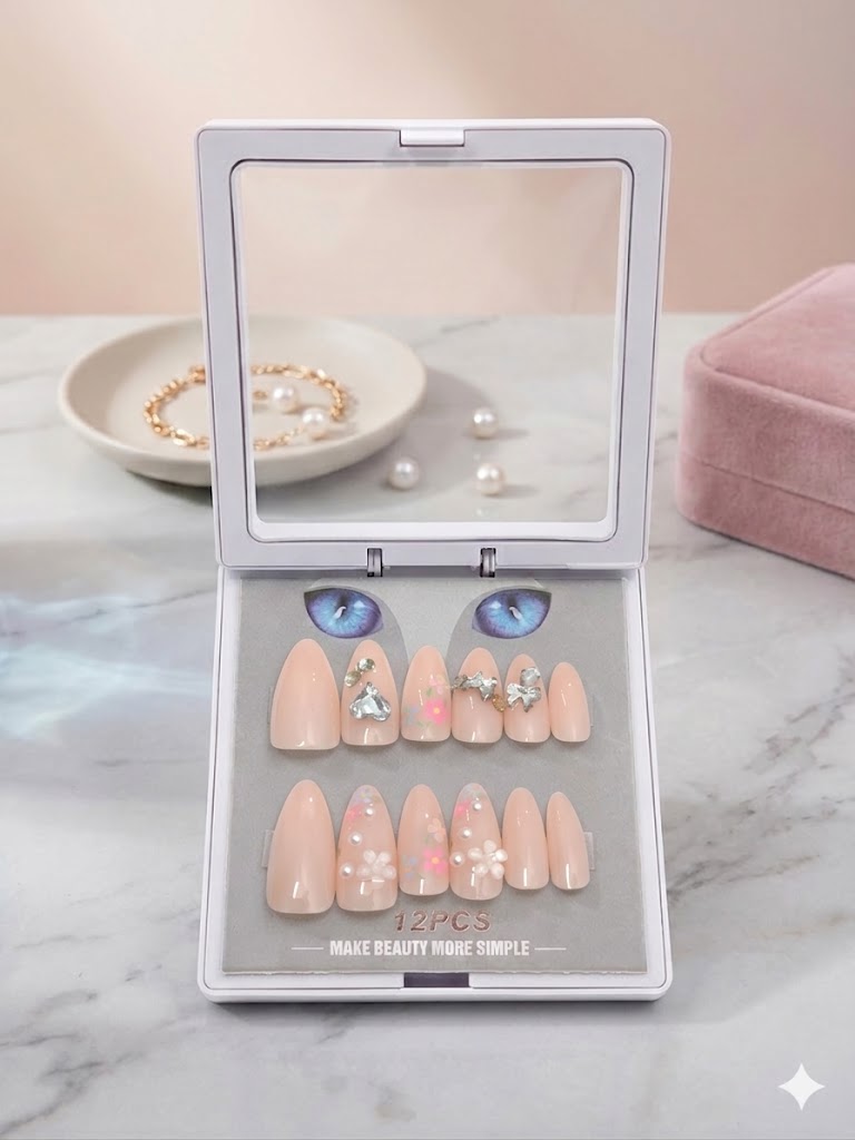 Cat Eye Press-On Nails – Light Pink Fake Nails 12 pcs With 24 Nails Sticker
