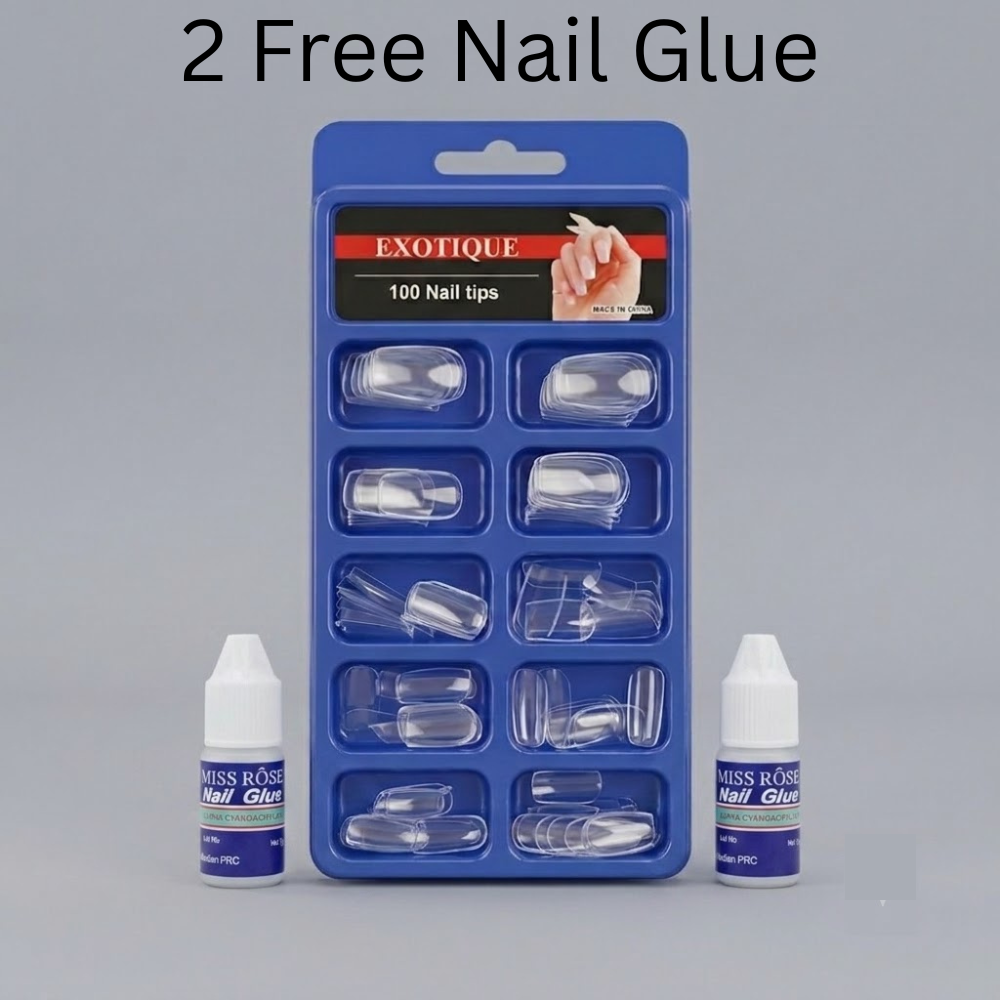 100 Pcs Original Look Transparent Nail Tips with 2 Free Nail Glues
