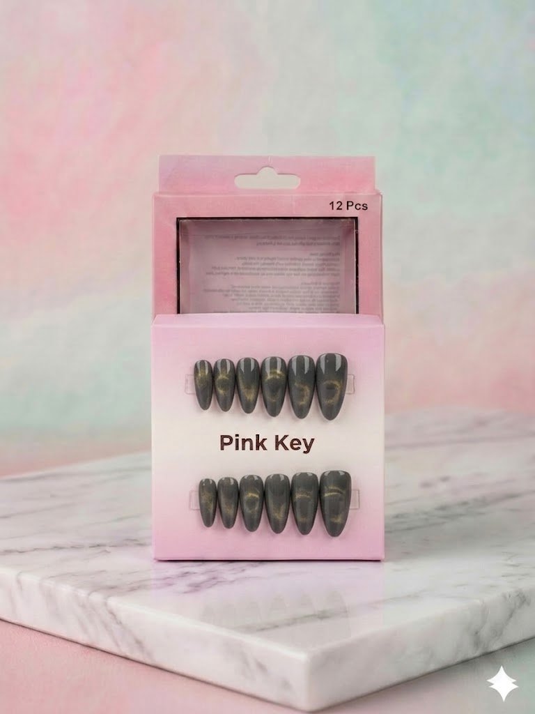 Grey Cat-Eye Press-On Nails (24 Pcs) with Glue Stickers - Aarvana