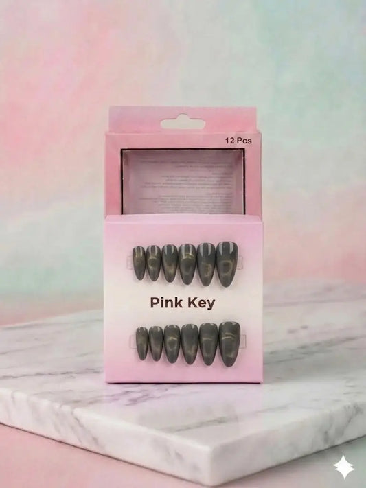 Grey Cat-Eye Press-On Nails (24 Pcs) with Glue Stickers