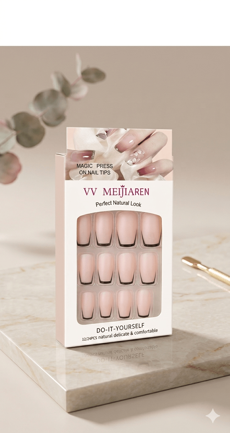 Light Pink French Nails with Black Tips – 12 Pcs Press-On Nails with 12 Glue Stickers - Aarvana