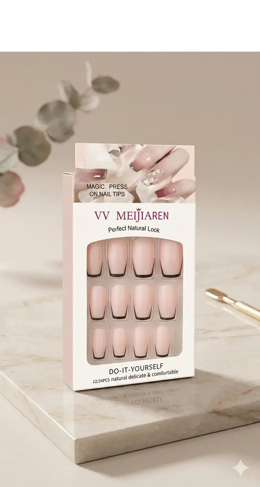 Light Pink French Nails with Black Tips – 12 Pcs Press-On Nails with 12 Glue Stickers
