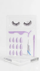 5-in-1 Beauty Kit – (12Pcs) Purple Press-On Nails, 1 Pair Lashes, Glue, Applicator & Brush