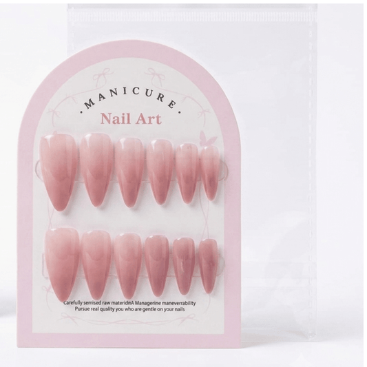 Nude Pink Ombre Press-On Nails - 12 Pcs Almond Style + Free 12 Glue Stickers - Aarvana