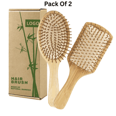 2-Pieces Natural Bamboo Hair Brush Set with Wooden Bristles | Paddle & Oval Design