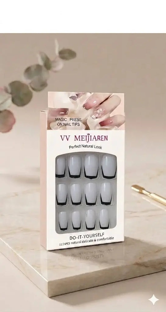 White French Nails with Black Tips – 12 Pcs Press-On Nails with 12 Glue Stickers