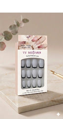 White French Nails with Black Tips – 12 Pcs Press-On Nails with 12 Glue Stickers