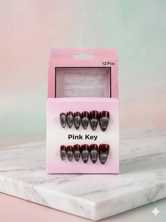 Wine Red Cat-Eye Press-On Nails (24 Pcs) with Glue Stickers