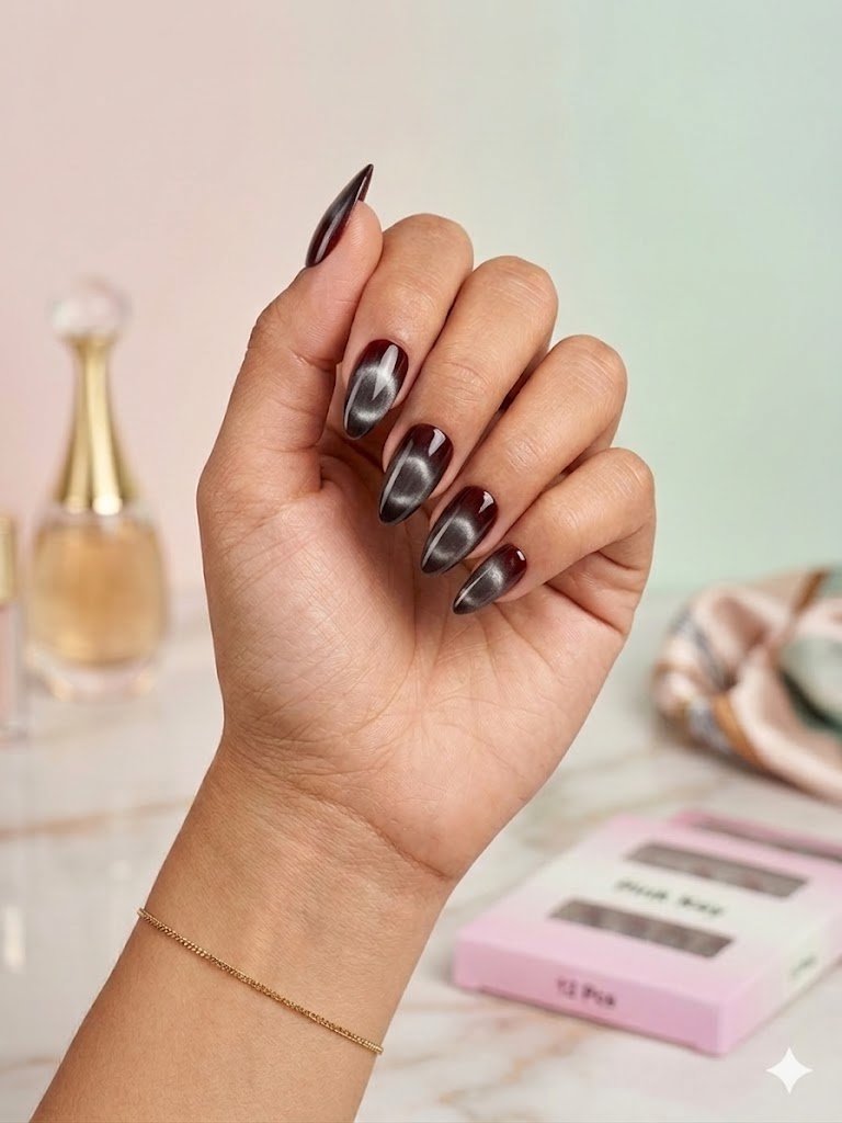 Wine Red Cat-Eye Press-On Nails (24 Pcs) with Glue Stickers - Aarvana